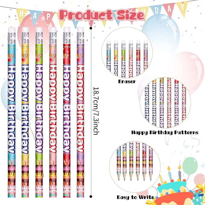 Happy Birthday Pencils Colorful Birthday Pencil for Students Birthday Pencil for Teacher Classroom Birthday Party Supplies, 6 Style (24)