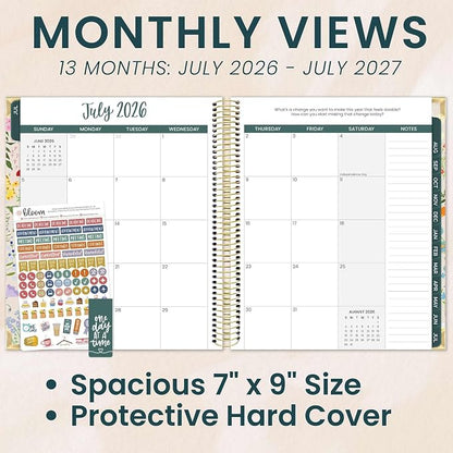 bloom daily planners 2026-2027 Hardcover Academic Year Goal & Vision Planner (July 2026 - July 2027) - 13 Months Agenda - Monthly & Weekly Calendar Organizer - 7.5" x 9" - Garden Party, Beige