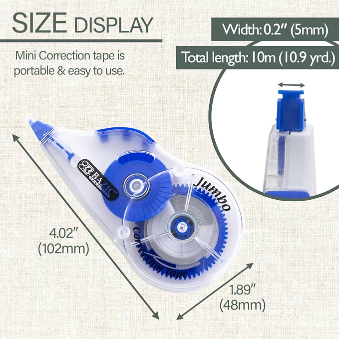 BAZIC Correction Tape Jumbo 5 mm x 394", Mini Instant Corrections, Easy to Use Applicator Tapes Roller White Out Tape Pen with Grip for Office & Home, 144-Packs