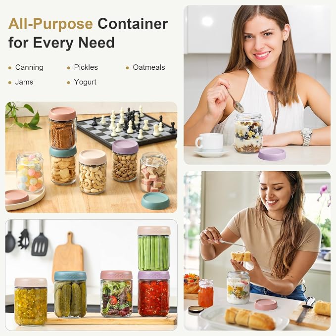 NETANY 4-pack 16oz Glass jars with Airtight Lids, Overnight Oats Containers with Lids, Wide mouth Mason Salad jars, Glass Food Storage Containers for Snacks Yogurt Spice Sugar