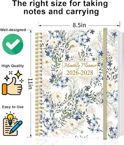 2026-2029 Monthly Planner - 36 Month PLanner Calendar from July 2026 to June 2029, 3 Year Planner 2026-2029 with Flexible Cover, Inner Pocket, Perfect for Home | School | Office, 8.5" x 11", Crushed Flower