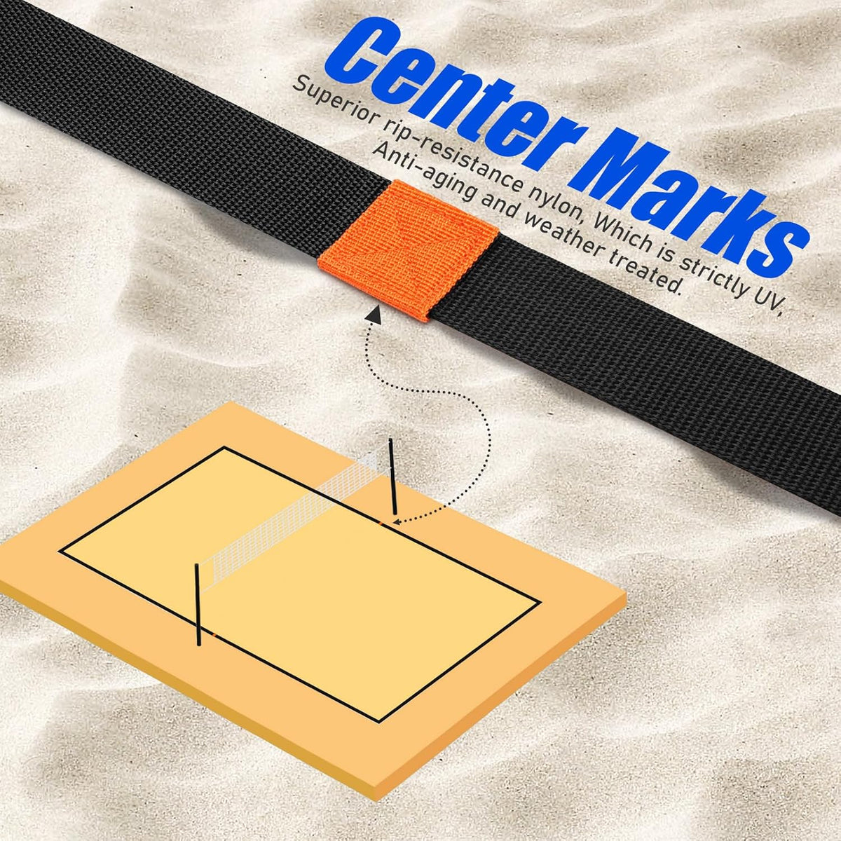 TOBWOLF 26.3' x 52.6' Beach Volleyball Lines, Volleyball Court Lines with Metal Anchors & SandBags,Highly Visible Marking Sand Lines with Metal Anchors & SandBags for Sand Outdoor Grass Backyard