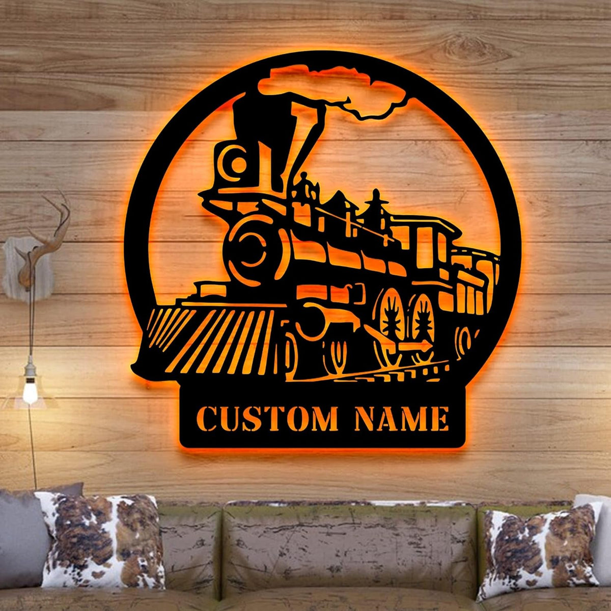 Personalized Metal Sign With LED Light, Train Room Decor, Railroad Wall Art, Custom Steam Train Home Decoration