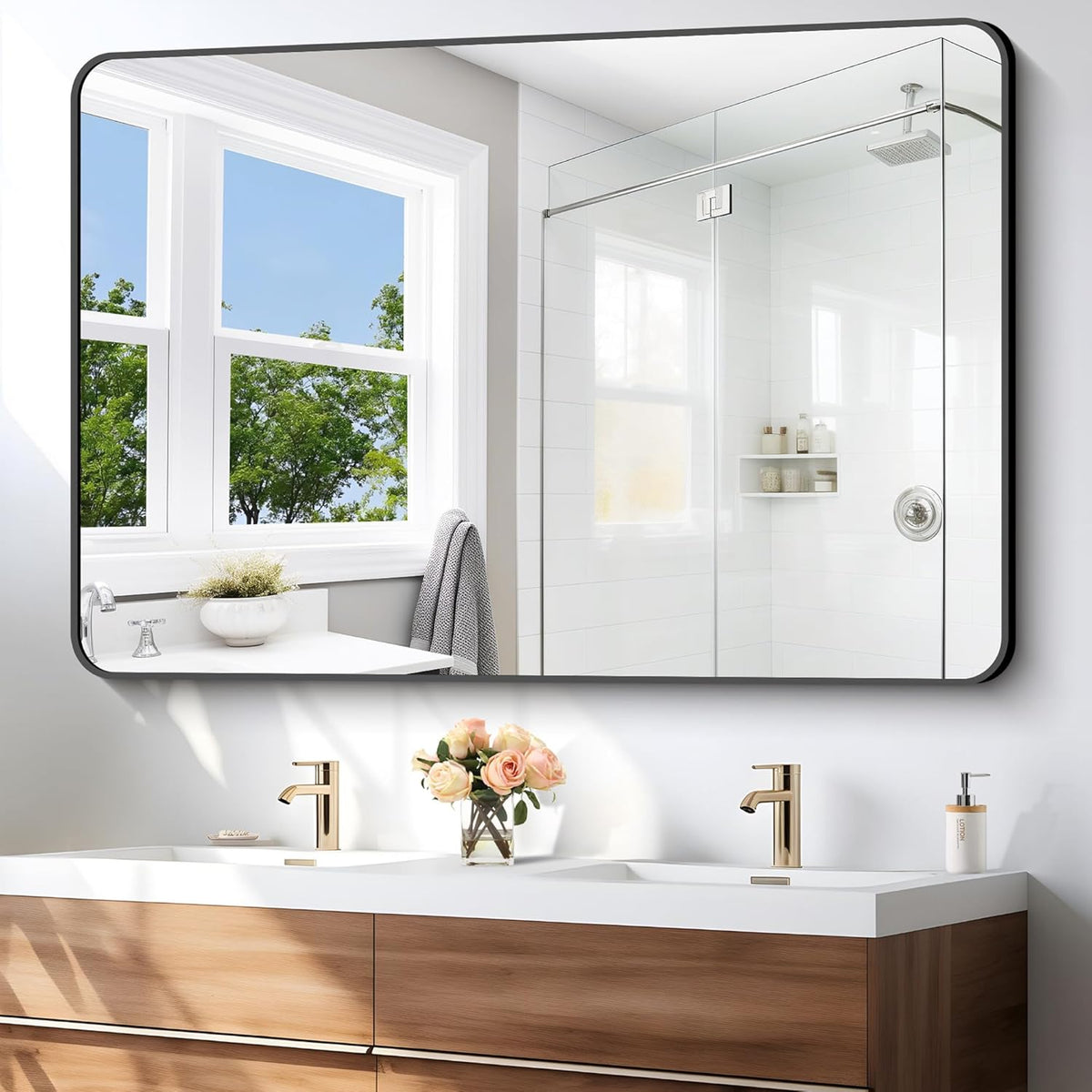 55x36 inch Bathroom Mirror,Black Rectangle Mirror,Wall Mounted Bathroom Frame Vanity Mirror with Round Corner for Bedroom Living Room, Entryway Hangs Horizontal or Vertical