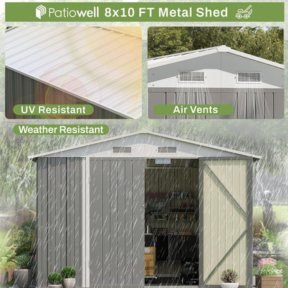 Patiowell 8x10 FT Outdoor Storage Shed, Large Garden Tool Metal Shed with Sloping Roof and Double Lockable Door, Outdoor Sheds for Backyard Garden Patio Lawn,Grey