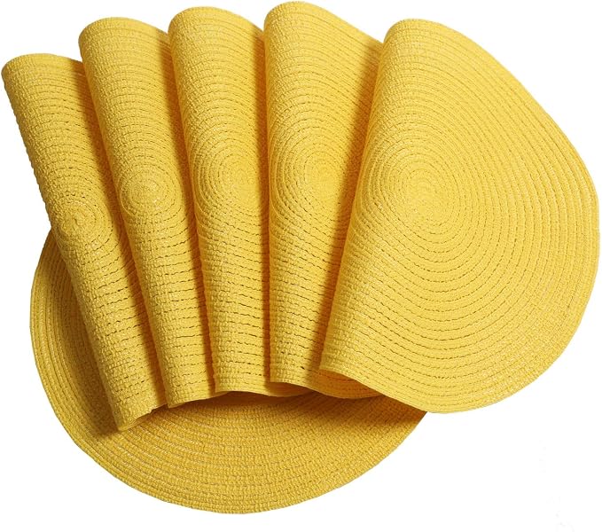 SHACOS Round Braided Placemats Set of 8 Washable Table Mats 15 inch Round Placemat Cotton Polyester Circle Placemat for Dining Table (Yellow, 8)