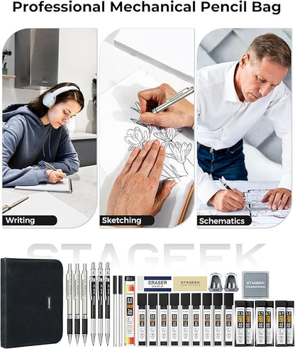STAGEEK Mechanical Pencil Set with Canvas Bag 30 Count, Drawing Pencils 0.5, 0.7, 0.9MM & 3PCS 2MM Sketching Pencils with 464PCS Lead Refills (6B 4B 2B HB 2H 4H Color) for Artist Drafting Drawing
