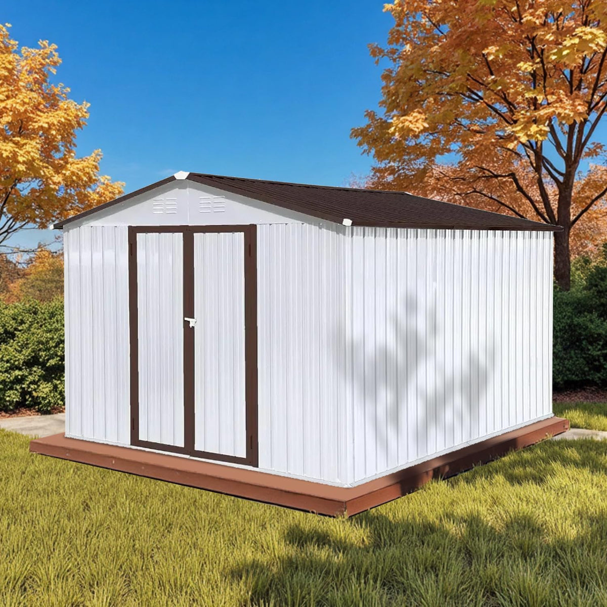 10' x 8' XL Outdoor Storage Shed, Sturdy Metal Building w/Lockable Doors for Garden, Backyard, Poolside and Lawn, Brown+White