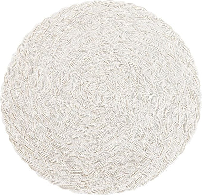 SHACOS Round Braided Placemats 15 inch Set of 6 Boho Thick Washable Kitchen Table Placemats for Home Wedding Party (T-Ivory, 6)