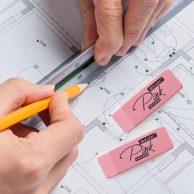 BAZIC Products Pink Bevel Block Erasers, Latex-Free, PVC-Free, 12 Count