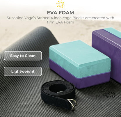 Sunshine Yoga 4" Striped Yoga Block, 10 Pack Bulk EVA Foam Yoga Blocks, Firm and Supportive Yoga Brick, Balance Foam for Stretching, Pilates, and Workout, 4" x 6" x 9"