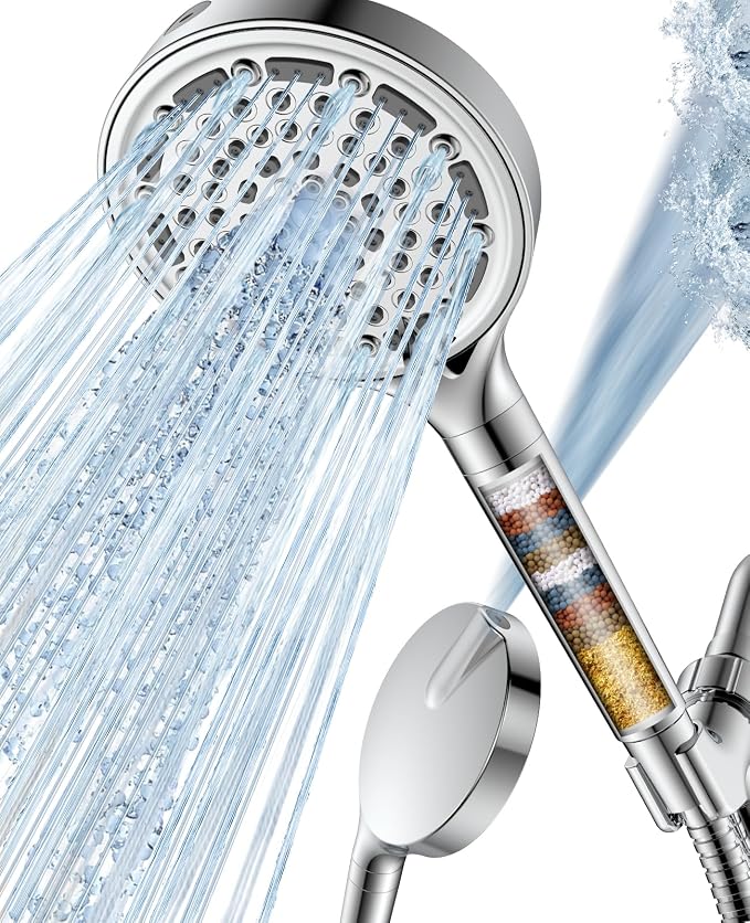 6 Spray Modes Filtered Handheld Showerhead Set, Huge 6-Inch High Pressure Shower Head with Handheld Spray, Chrome Water Softener Shower Head for Hard Water, Built-in Power Wash to Clean Tub