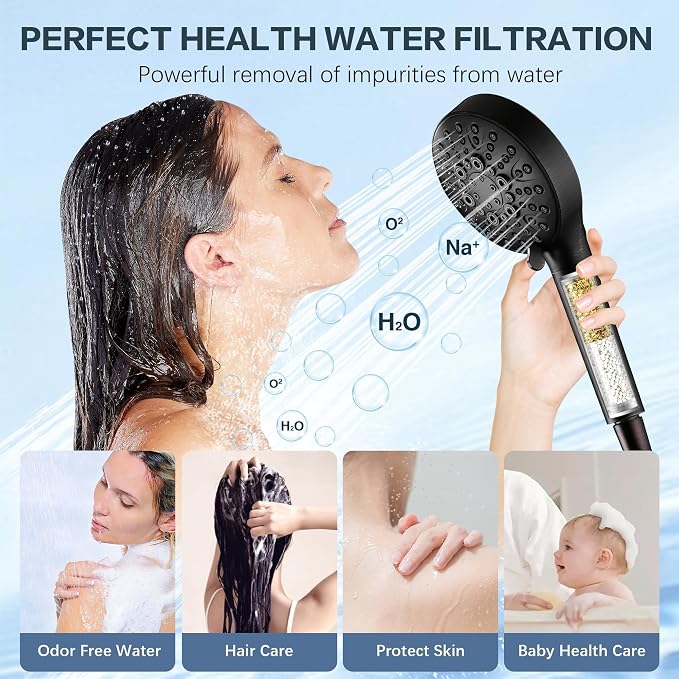 BRIGHT SHOWERS Filtered Shower Head with Handheld, High Pressure 9 Spray Mode Showerhead with Long Hose and Bracket, Water Softener Filters Beads for Hard Water - Removes Chlorine, Oil-Rubbed Bronze
