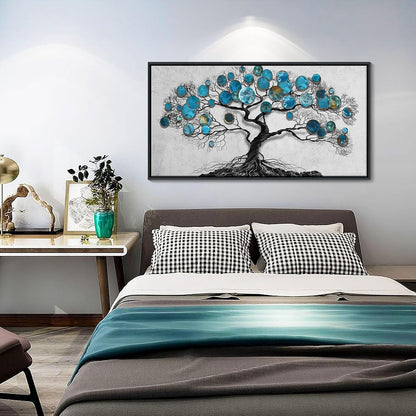 CHATYOUNG Living Room Wall Art - Tenacious Tree of Life Teal Blue Leaves Theme Large Paintings Canvas Framed Wall Picture for Office Bedroom Kitchen Office Home Decor 40"x20"