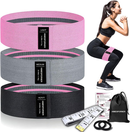 Wide Fabric Resistance Bands for Working Out, 3 Level Non-Slip Exercise Booty Bands for Women & Men Leg and Glutes with Hair Ties and Tape Measure - for Home Gym Workout, Yoga, Pilates
