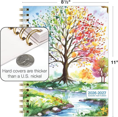 HARDCOVER Academic Year 2026-2027 Planner: 14 Months (May 2026 Through June 2027) 8.5"x 11" Daily Weekly Monthly Planner Yearly Agenda. Bookmark, Pocket Folder and Sticky Note Set (Tree Seasons)