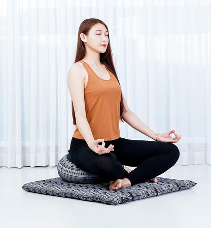 Leewadee Meditation Cushion Set – 1 Round Zafu Meditation Pillow and 1 Square Roll-Up Zabuton Meditation Mat, Pillows Bundle Filled with Kapok