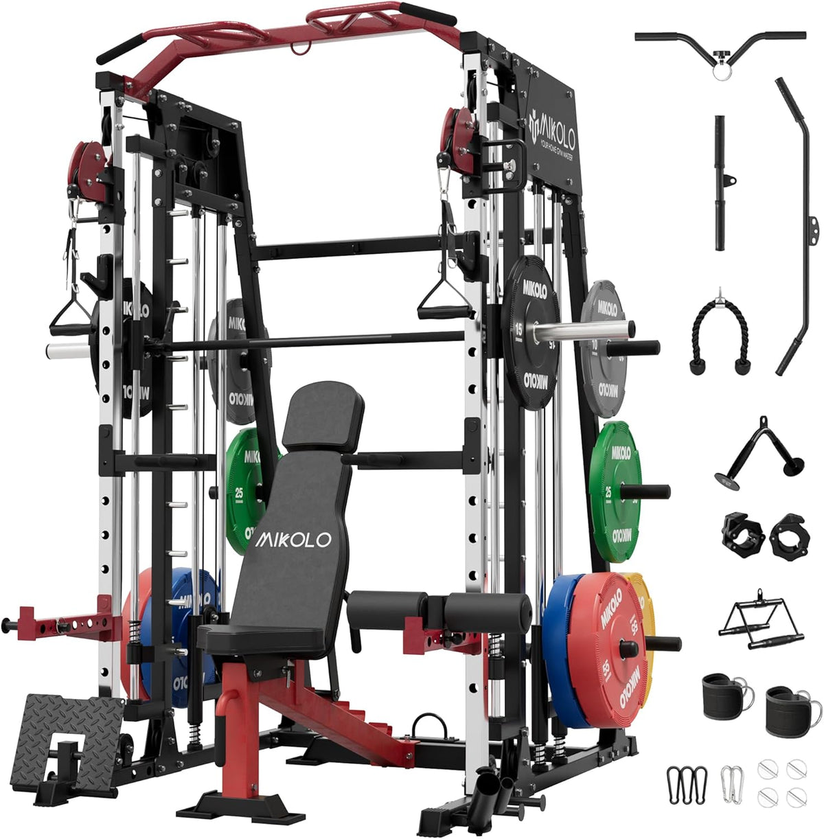 Mikolo Smith Machine, 2200lbs Squat Rack with LAT-Pull Down System & Cable Crossover Machine, Training Equipment with Leg Hold-Down Attachment