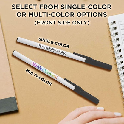 DISCOUNT PROMOS Custom Value Stick Pens Set of 10, Personalized Bulk Pack - Blue Ink, Great for Office, School, Business, Tradeshows, Events - Black Cap