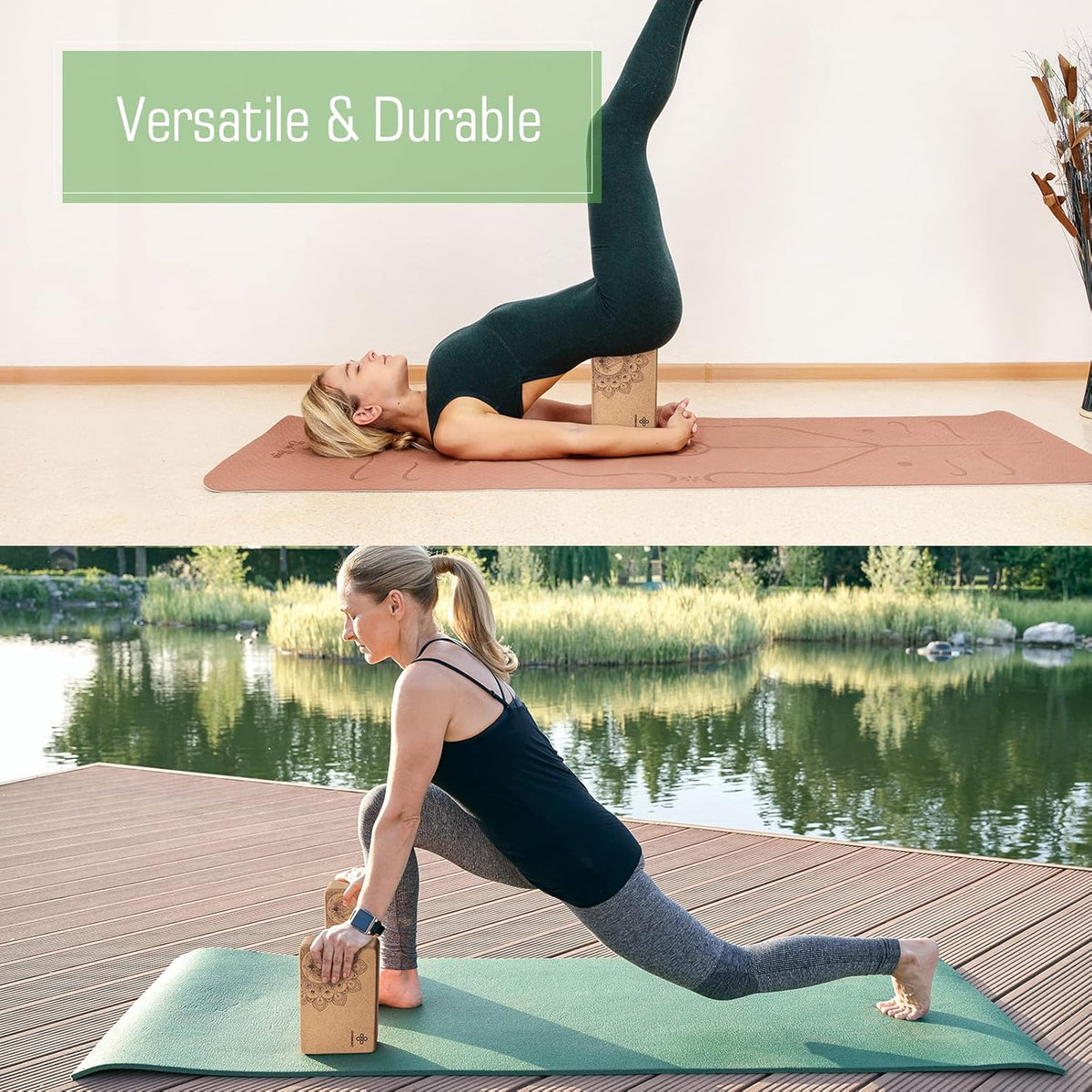 Overmont Cork Yoga Blocks 2 pack with 8ft Strap Natural Cork Bricks- High Density & Eco Friendly Yoga Accessories for Women - Ideal for Yoga Pilates General Fitness and Stretching 9x6x3''