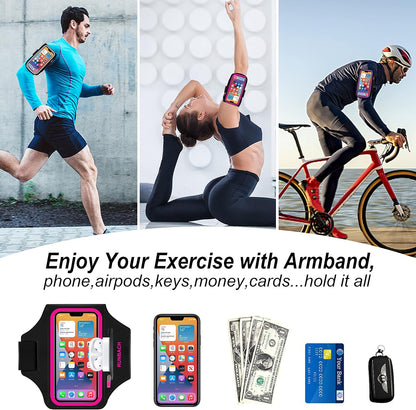 Armband for iPhone 16 Pro Max/16 Plus/15 Pro Max/15 Plus/14 Pro Max/13,12,11,Pro Max/Plus Models,Sport Armband with Zipper Slot for Airpods and Keys (Pink)