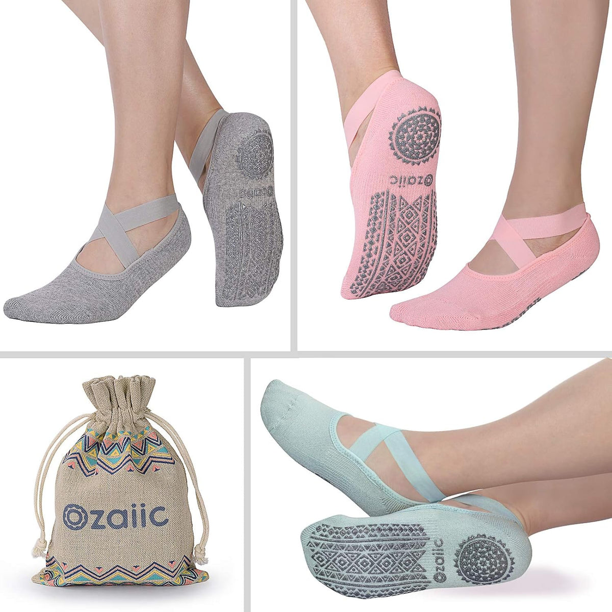 Ozaiic Yoga Socks for Women Non-Slip Grips & Straps, Ideal for Pilates, Pure Barre, Ballet, Dance, Barefoot Workout