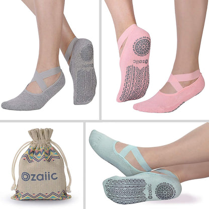 Ozaiic Yoga Socks for Women Non-Slip Grips & Straps, Ideal for Pilates, Pure Barre, Ballet, Dance, Barefoot Workout