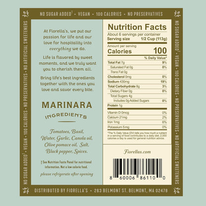 Fiorella's Marinara Pasta Sauce - Tomato Sauce Made with Fresh Ingredients - No Sugar Added, Vegan, Gluten Free, No Preservatives Added, Pasta Sauce, 25 Oz (Pack of 2)