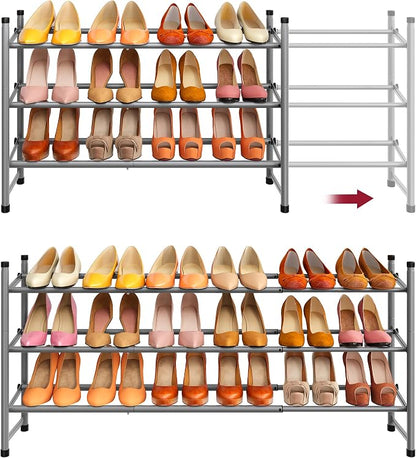 Tajsoon Expandable Shoe Rack for Closet 3 Tier, 28“-41“Adjustable & Stackable Shoe Shelf Storage, Metal Shoe Rack Organizer for Front Door Entrance, Closet, Garage, Entryway, Grey
