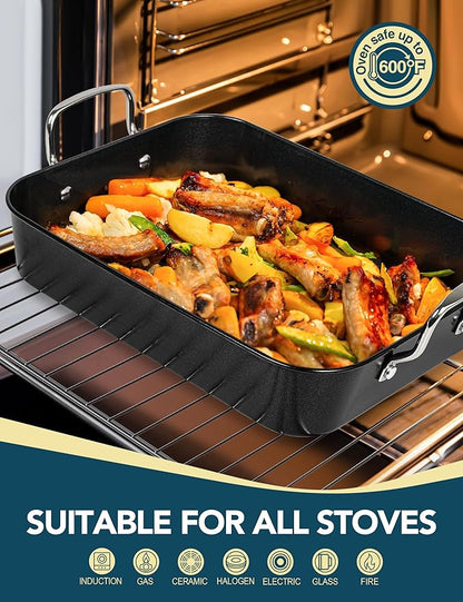 MICHELANGELO Carbon Steel Roasting Pan with Rack, Turkey Roasting Pan 15 Inch x 11 Inch, Nonstick Turkey Roaster Pan with Stainless Steel Rack, Induction Compatible