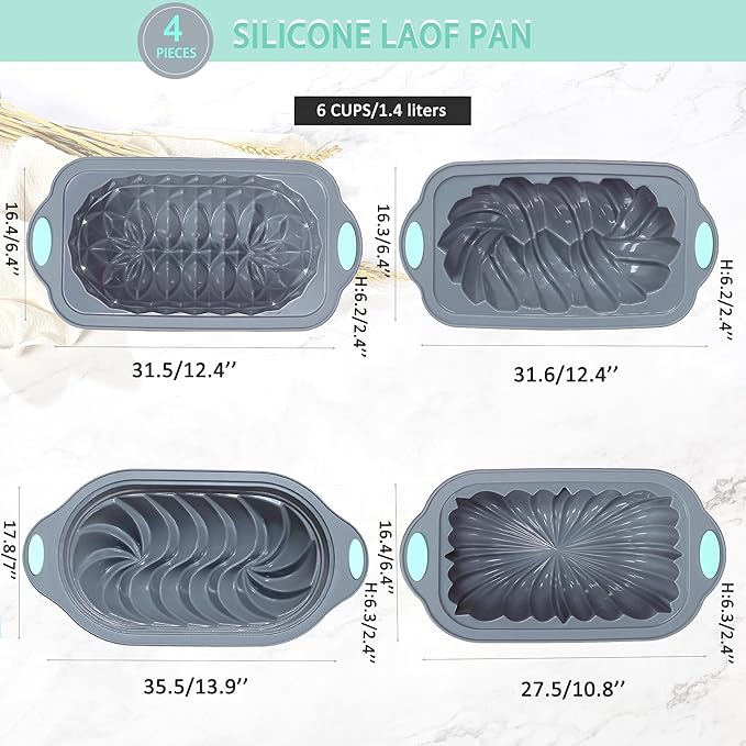 Tongjude 4 Piece Silicone Loaf Pan for Baking, Non-Stick Kitchen Oven Bread Pan, Perfect for Banana Bread, Sandwich, Pound Cake and Meatloaf, 6 Cups, Grey