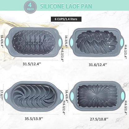 Tongjude 4 Piece Silicone Loaf Pan for Baking, Non-Stick Kitchen Oven Bread Pan, Perfect for Banana Bread, Sandwich, Pound Cake and Meatloaf, 6 Cups, Grey