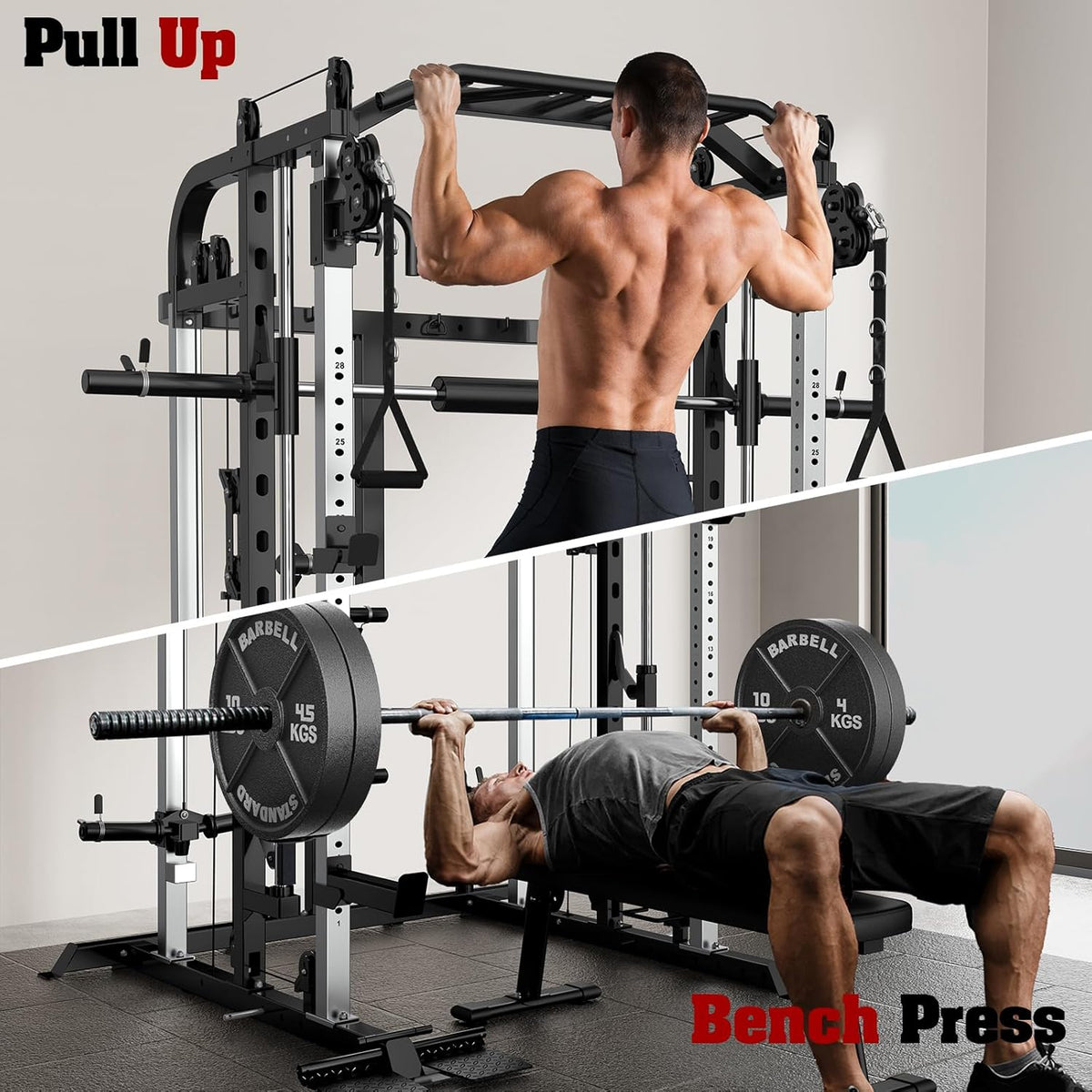 Smith Machine, Multifunctional Power Cage Rack with Smith Bar and Cable Pulley System, and LAT Pull Down Machine for Home Gym…