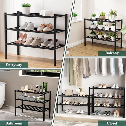 Smiry Long Bamboo Shoe Rack, 2 Tier Free Standing Wooden Shoe Organizer, Stackable Wood Shoe Storage Shelf for Closet, Entryway, 12 Vertical Slats, One-piece Standard Legs, 33.7"x11"x13", Black