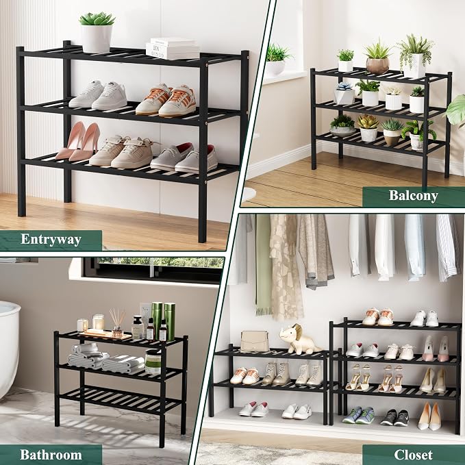 Smiry Long Bamboo Shoe Rack, 3 Tier Free Standing Wooden Shoe Organizer, Stackable Wood Shoe Storage Shelf for Closet, Entryway, 12 Vertical Slats, 2+1 Stack Standard Legs, 33.7"x11"x19.5", Black