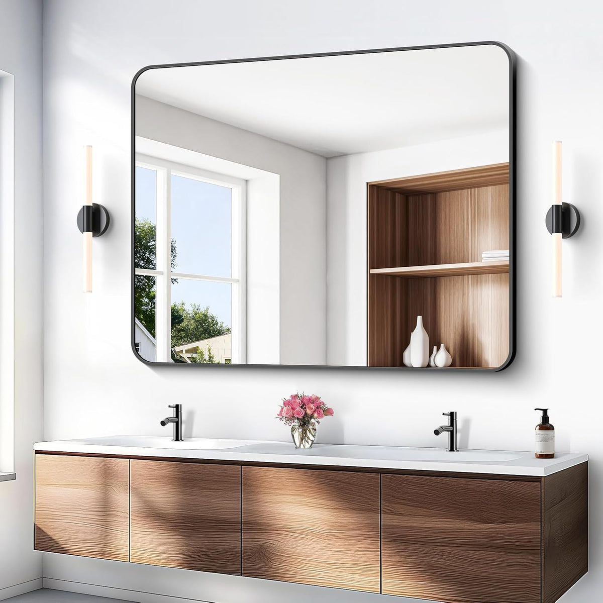 Black Bathroom Mirror,40x48 inch Wall Mirror for Bathroom Wall Mounted,Rectangle Mirror for Bathroom Over Sink,Modern Frame Round Corner for Living Room,Bedroom Entryway,Horizontal/Vertical