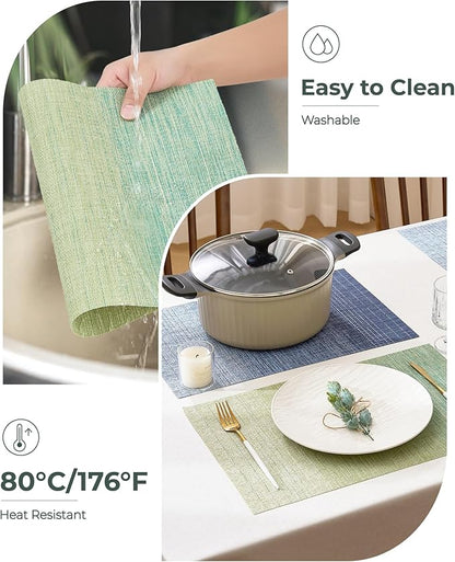Leetaltree Gradient Green Woven Placemats Set of 12 - Heat Resistant Non-Slip Place mats for Dining Table, Washable Durable PVC Vinyl Woven Table Mats(Gradient Green, 12)