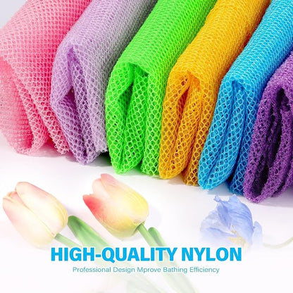 UJFQBH 6 Pieces African Bath Sponge African Net Long Net Bath Sponge Exfoliating Shower Body Scrubber Back Scrubber Skin Smoother,Great for Daily Use (Purple, Purple, Pink, Orange, Blue, Green)