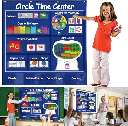 KIKIGOAL Circle Time Center Classroom Pocket Chart Educational Pocket Chart Teaching Materials Learning Calendar Weather Counting Letter Color Shape etc