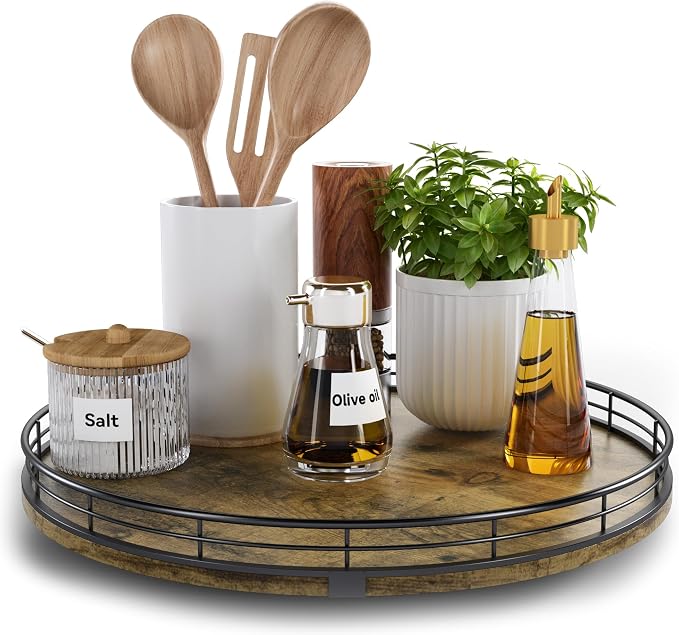 Lazy Susan Turntable Organizer for Table Top, 13’’ Round Wooden Lazy Susan for Cabinet Kitchen Countertop Pantry Dining Coffee Table for Condiments Spices, Rustic Bathroom Vanity Tray for Soap Candle