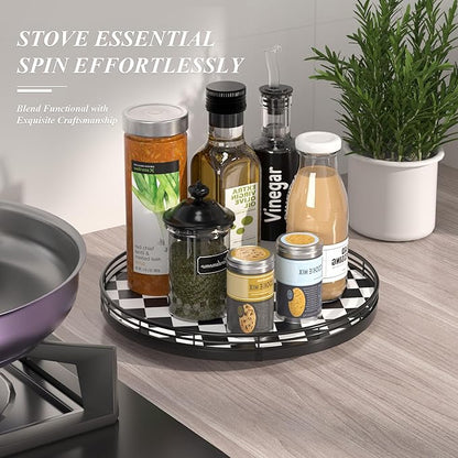 Black and White Kitchen Lazy Susan Turntable – Round Checkered Decorative Tray, 12” Table Top Oak Wood Lazy Susan for Cookies, Dining Table Organizer, Small Kitchen Table Centerpiece