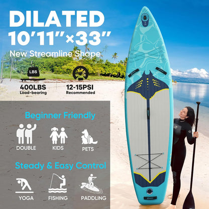 Inflatable Paddle Board,Stand Up Paddle Board Set, Extra Wide SUP Board with Removable Fin, Floating Paddle, Hand Pump, Waterproof Phone Pouch,Traveling Board