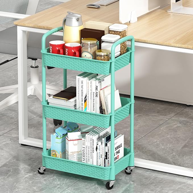 MOYIPIN 3-Tier Plastic Rolling Utility Cart with Handle,Utility Storage Cart for Office, Living Room, Kitchen,Movable Storage Organizer Shelves,Turquoise