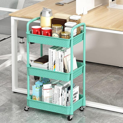 MOYIPIN 3-Tier Plastic Rolling Utility Cart with Handle,Utility Storage Cart for Office, Living Room, Kitchen,Movable Storage Organizer Shelves,Turquoise