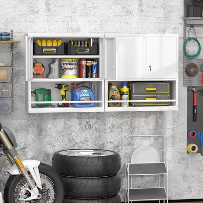 GREATMEET Locking Metal Garage Storage Cabinet with Doors and Shelves, 31" H Lockable Wall Cabinet Storage, White Steel Wall Mount Cabinet for Office