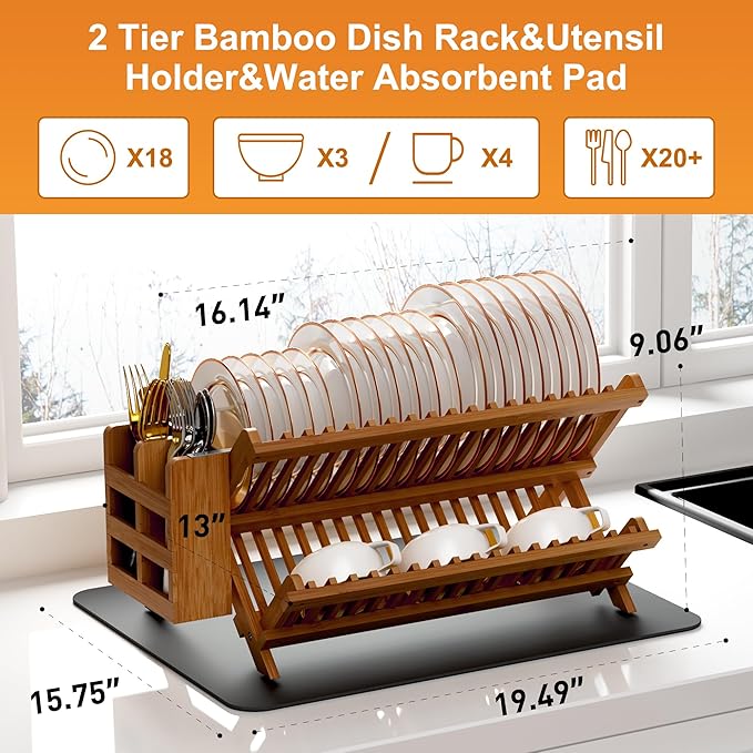Greenual Teak Dish Drying Rack with Utensil Holder, 2 Tier Collapsible Dish Rack, Wooden Dish Racks for Kitchen Counter, Folding Drying Holder with Absorbent Dish Drying Mat
