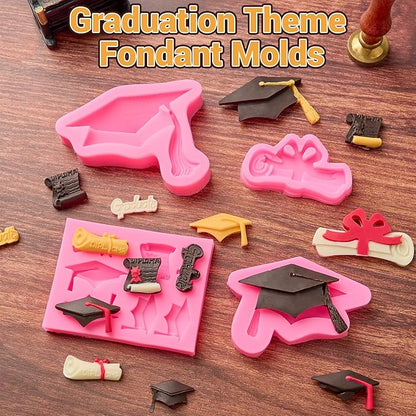 4 PCS Graduation Chocolate Fondant Molds, Silicone Graduation Cap Diploma Candy Molds for Cake, Cupcake Decorations, Graduation Party Supplies