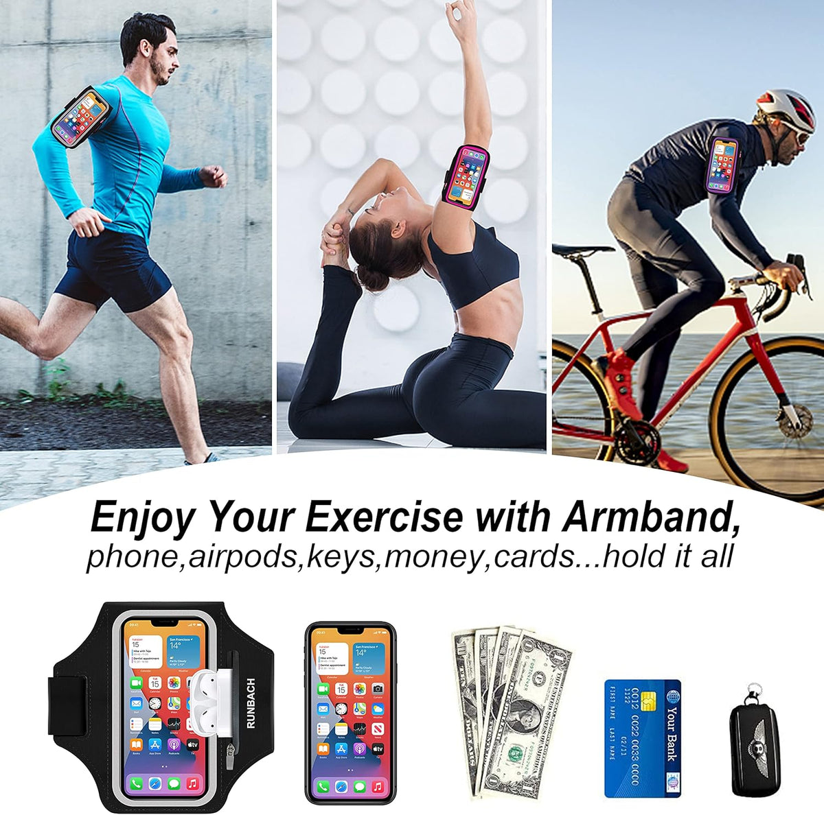 Armband for Samsung Galaxy S25/S24/S23/S22/S21/S20/S10/S9/S8,Galaxy A01/A8/A10e/A20e/A41/M01/Xcover 5,Water Resistant Sport Armband with Zipper Slot for Galaxy Buds (Black)