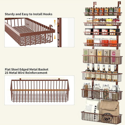 Moforoco Over The Door Pantry Organizer, Pantry Door Organizer Shelves, Kitchen Organizers and Storage, Hanging Basket Wall Spice Rack Seasoning Shelves, Laundry Room Bathroom accessories（Brown ）