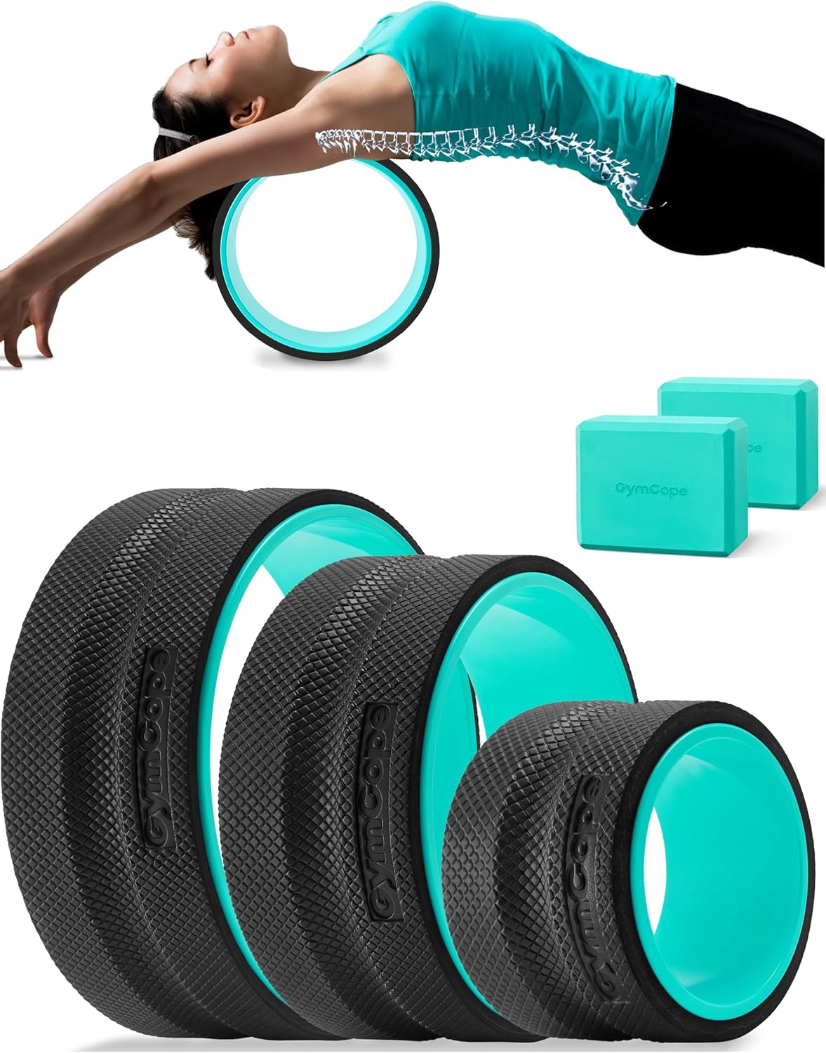 Back Roller Wheel Set of 3 with 2 Yoga Blocks – Foam Back Stretcher for Pain Relief, Spine Cradle Deep Tissue Massage Roller for Stretching & Physical Therapy